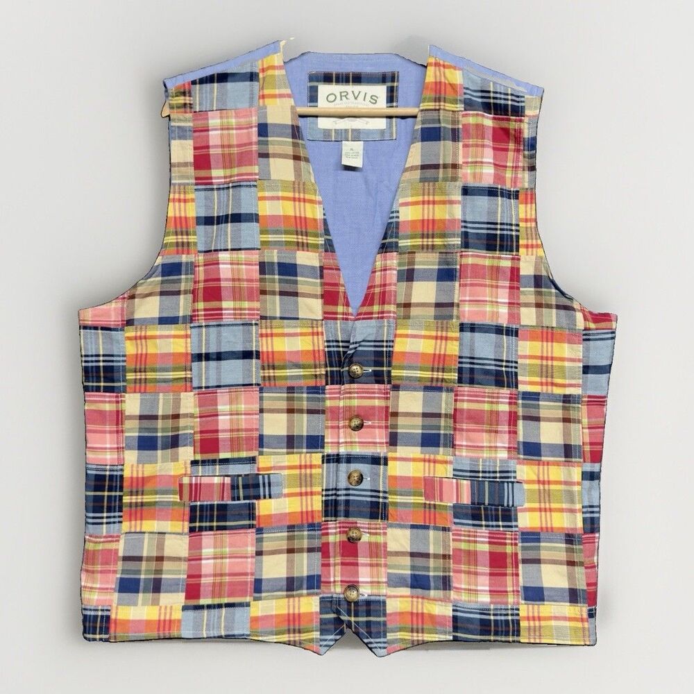 Vintage Orvis Madras Patchwork Plaid Cotton Vest Men's Size XL Preppy 90s Blue